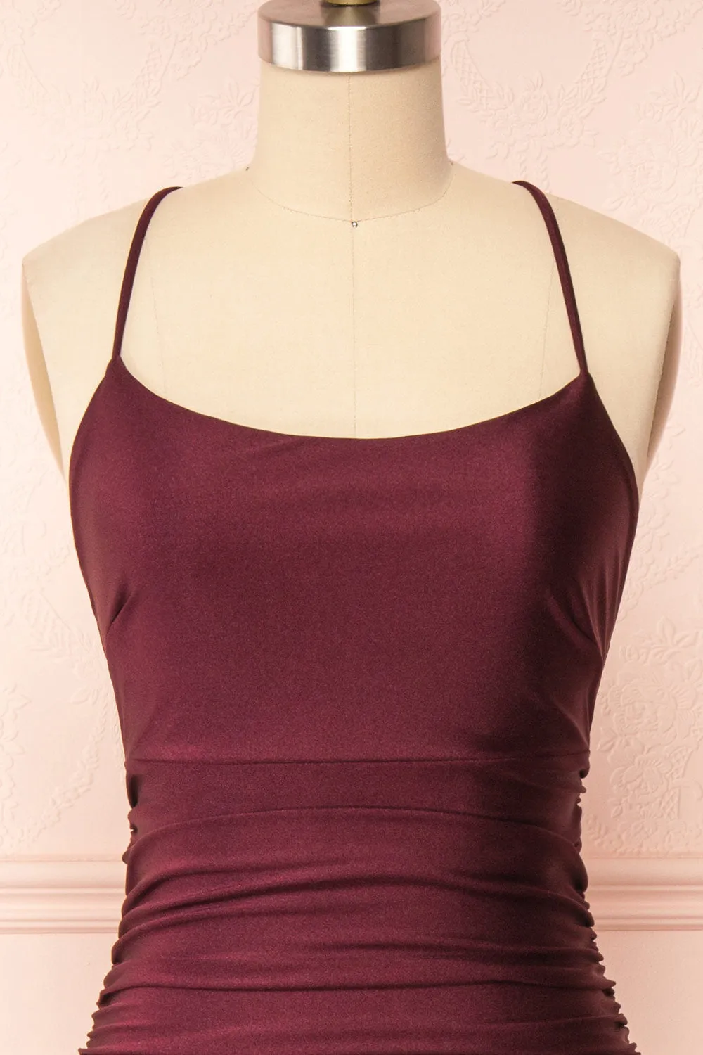 kamahe Burgundy Prom Dresses, Sheath/Column Scoop Neck Silk-like Satin Floor-length Ruffles Bridesmaid Dresses