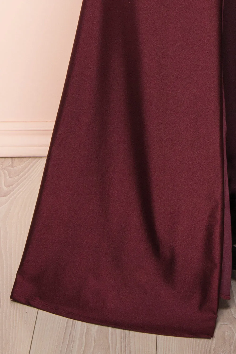 kamahe Burgundy Prom Dresses, Sheath/Column Scoop Neck Silk-like Satin Floor-length Ruffles Bridesmaid Dresses