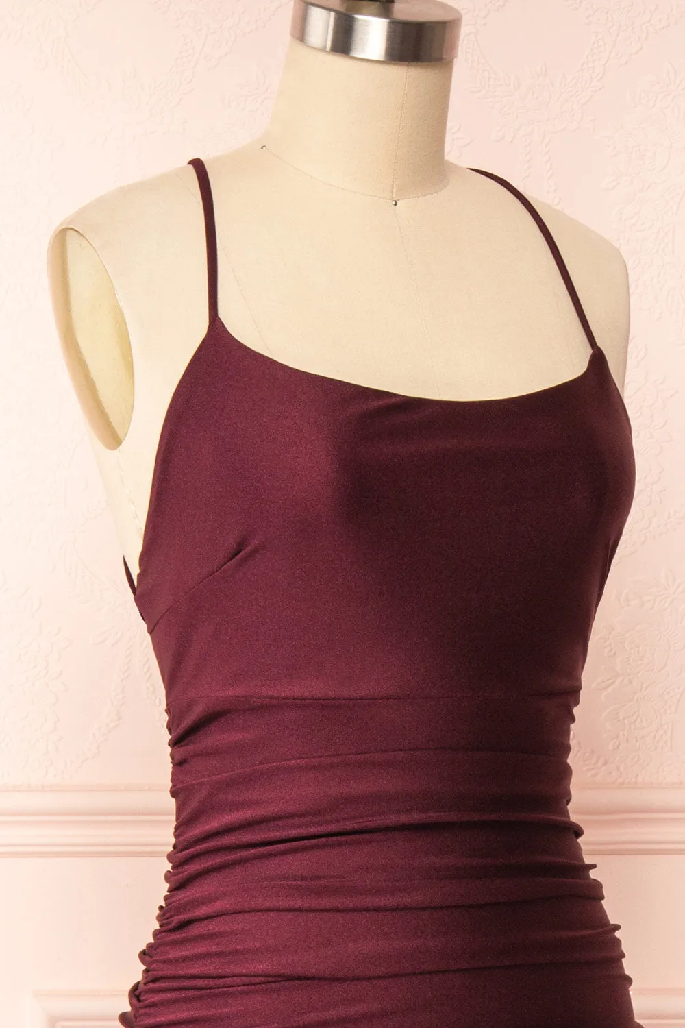 kamahe Burgundy Prom Dresses, Sheath/Column Scoop Neck Silk-like Satin Floor-length Ruffles Bridesmaid Dresses
