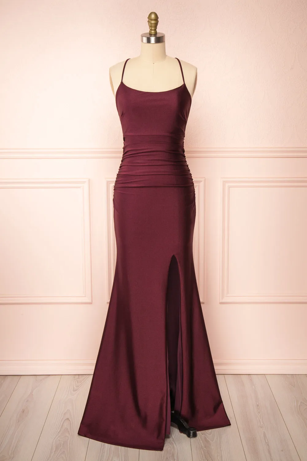 kamahe Burgundy Prom Dresses, Sheath/Column Scoop Neck Silk-like Satin Floor-length Ruffles Bridesmaid Dresses