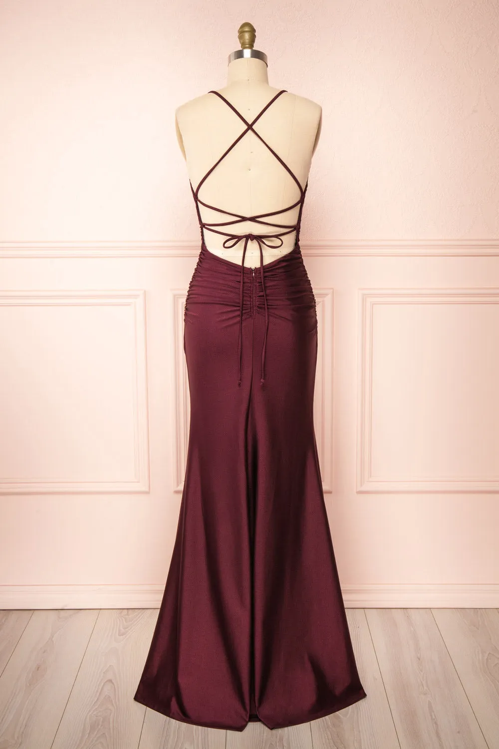 kamahe Burgundy Prom Dresses, Sheath/Column Scoop Neck Silk-like Satin Floor-length Ruffles Bridesmaid Dresses