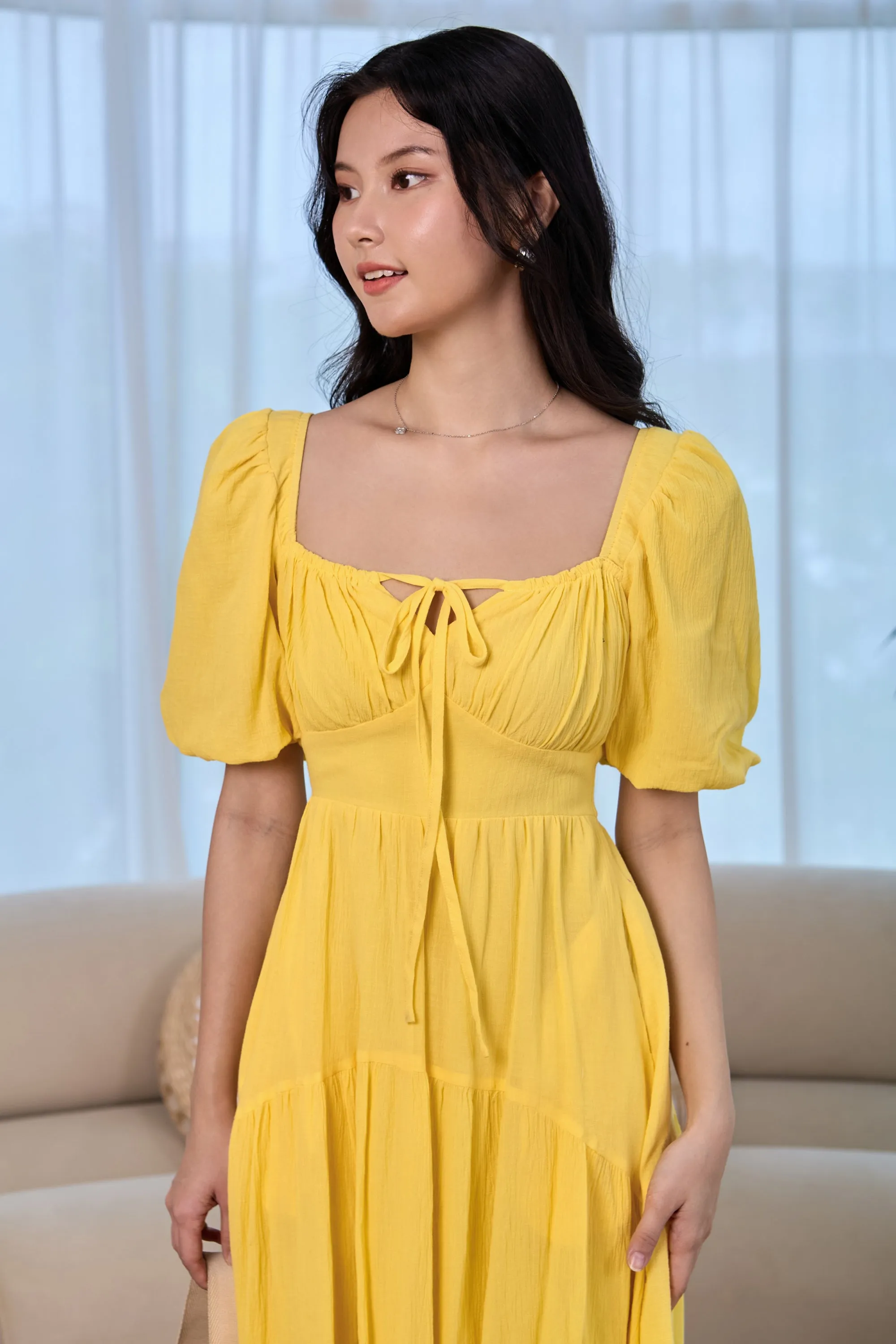 Lady Ribbon Pouf Sleeves Dress in Sunshine