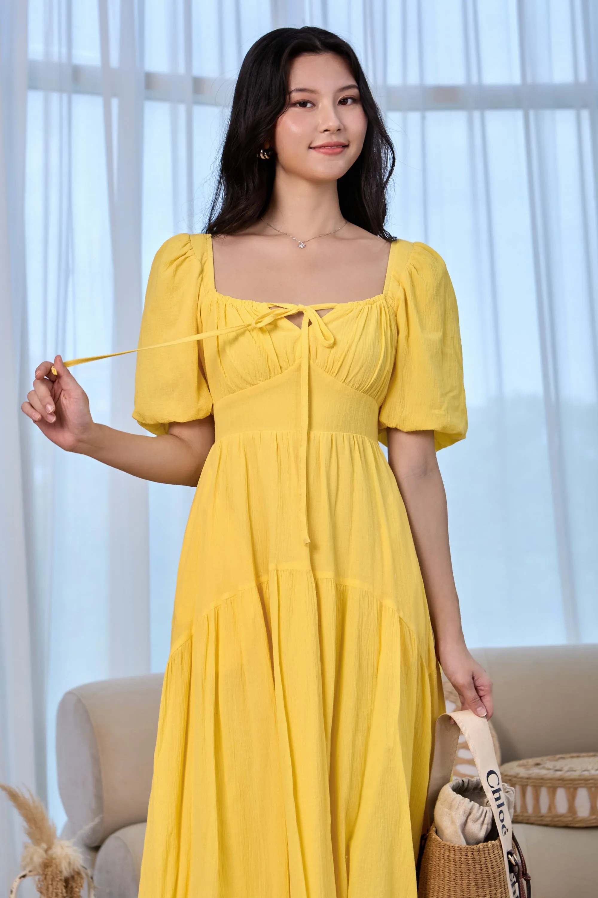 Lady Ribbon Pouf Sleeves Dress in Sunshine
