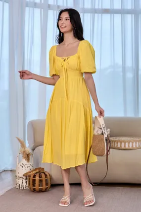 Lady Ribbon Pouf Sleeves Dress in Sunshine
