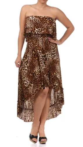 Plus Size Strapless Ruffle Hi Low Dress in Leopard