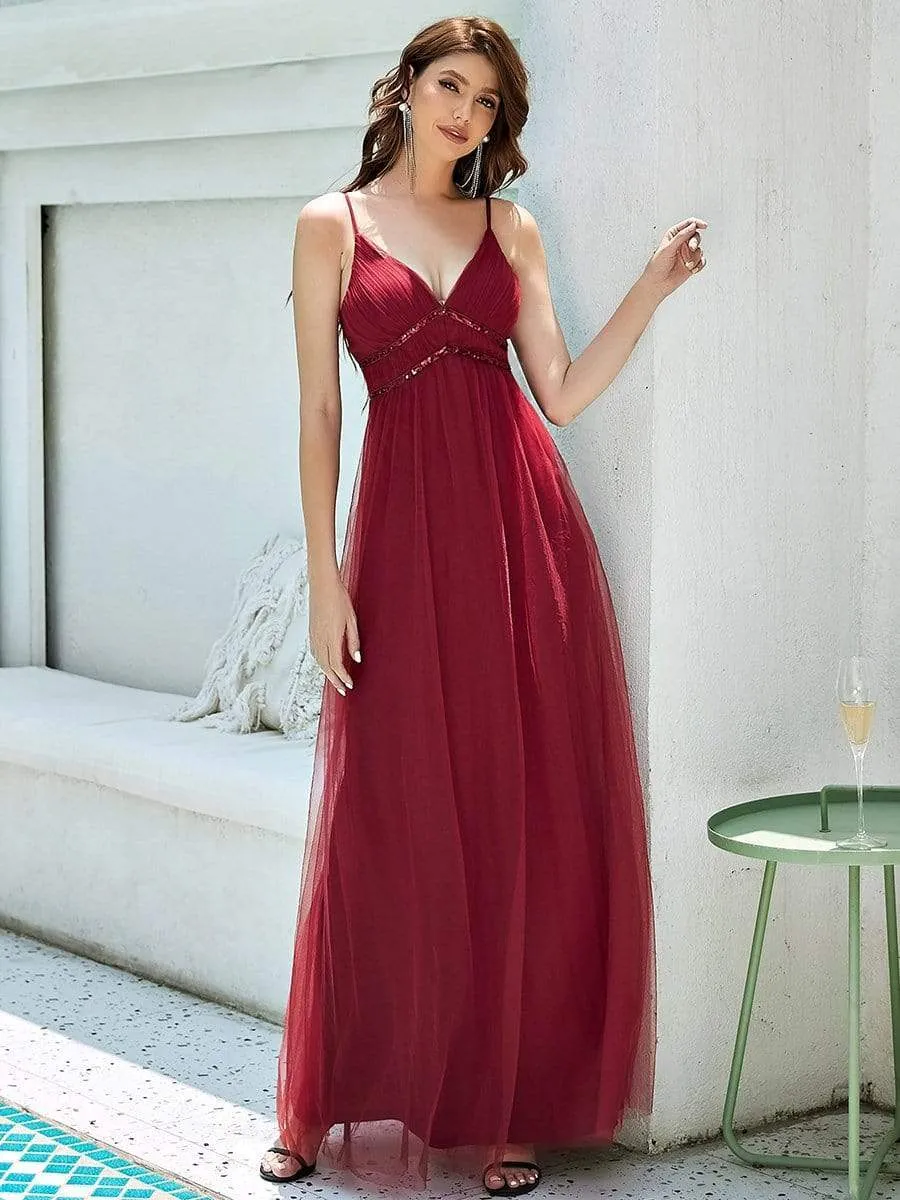 Spaghetti Strap V-Neck Sequin Floor-Length Bridesmaid Dress