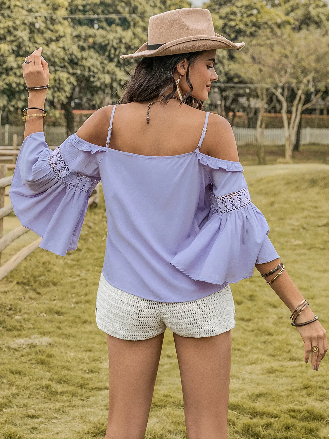 TEEK - Blue Purple Square Neck Flare Sleeve Blouse
