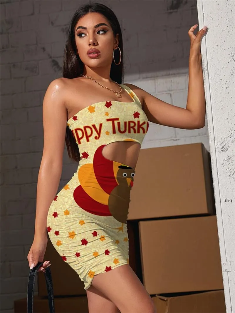 Thanksgiving Dresses Women Animal Hollow out Dresses Hip Hop Pleating Maple Leaf Vestido Sexy